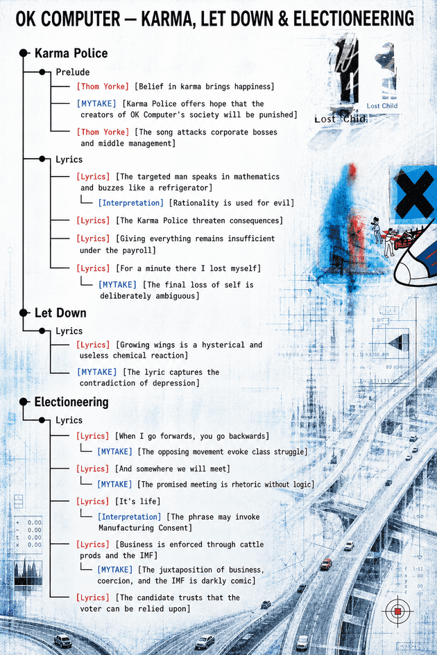 OK Computer note tree — Karma Police, Let Down, and Electioneering